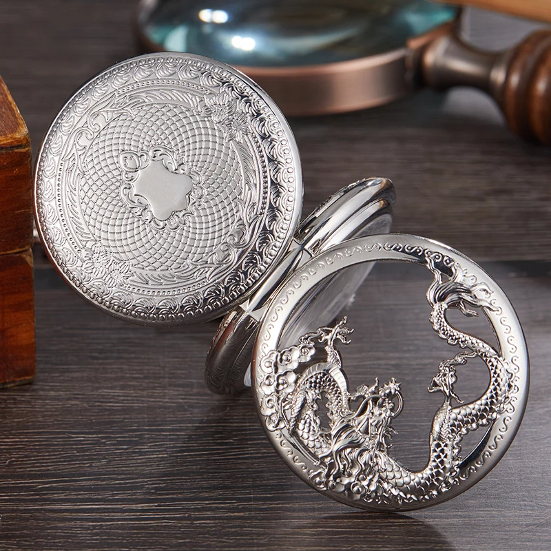 Dragon Pattern Hollow Mechanical Pocket Watch Antique Steampunk Skeleton Dial Fob Chain Clock for Men Women Gift Dropshipping