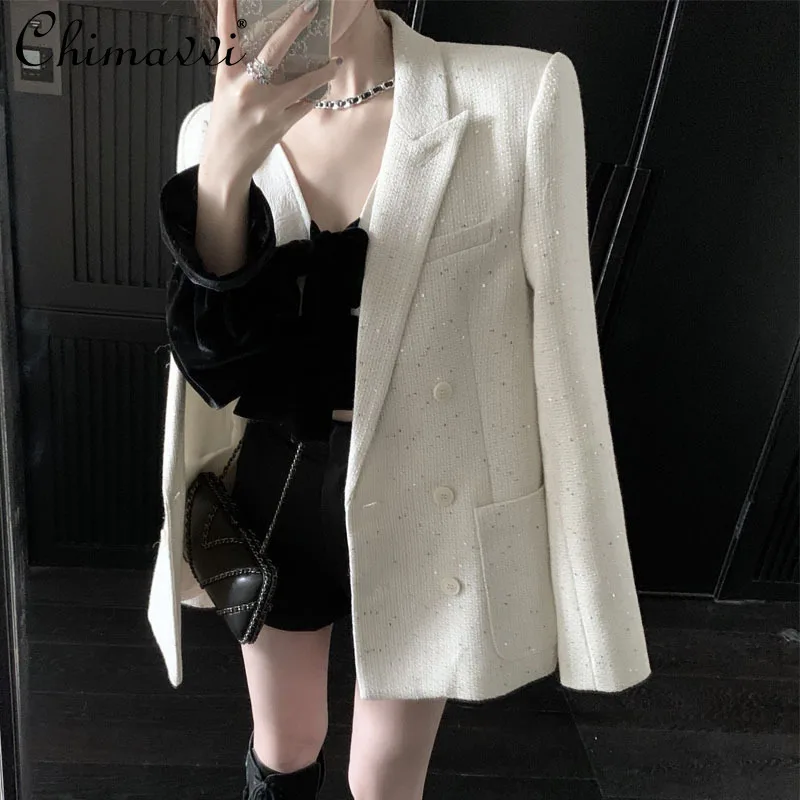

Luxury Sequined Suit 2021 Autumn Women Clothing High-end Fashion Long Sleeve Double-Breasted Blazer Jacket Temperament Tops