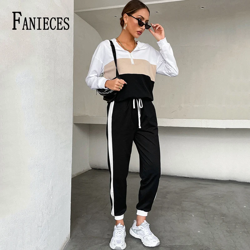 

Весенний спортивный костюм FANIECES, женская повседневная спортивная одежда в стиле пэчворк, толстовка с отворотом, спортивные брюки, комплект ...