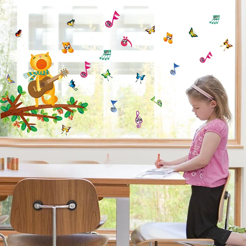 

Cartoon Cat Playing Guitar Musical Note Wall Sticker For Kids Room Bedroom Home Decoration Diy Animal Wall Mural Art Pvc Decals