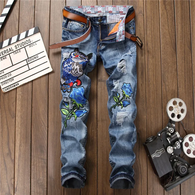 CNUUIKOOEK Men's New Style Fashion with Holes Jeans Embroidered Owl Blue Pants