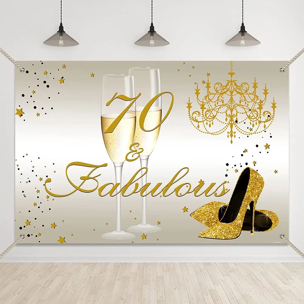 

Gold And White Backdrop Happy 70th Birthday Party Decoration 70 Birthday High Heel Champagne Background Photo Studio Prop Banner