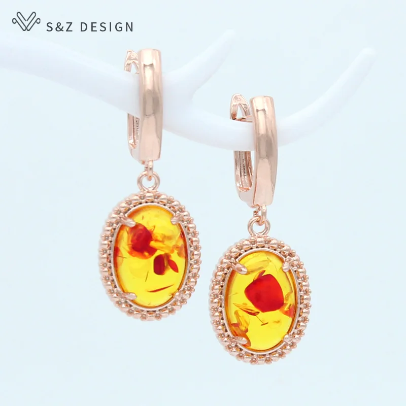 

S&Z DESIGN 2020 Korean Fashion Oval Egg Shape Imitation Flower Ambers Dangle Earrings 585 Rose Gold Eardrop For Women Jewelry