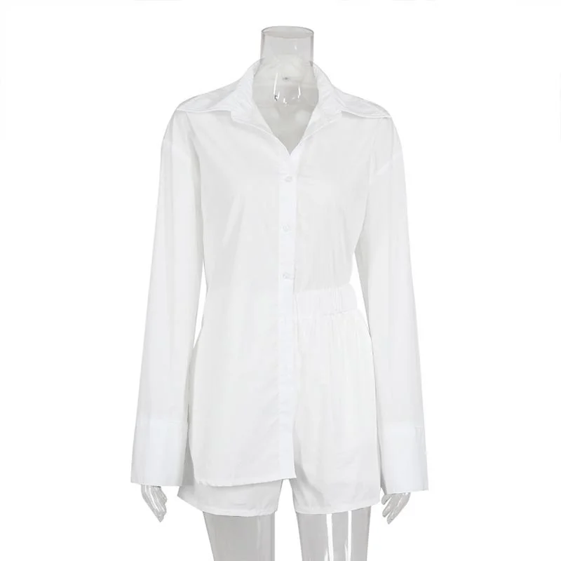 

Cotton Solid White Women Shorts Set Button Turn-down Collar Long Sleeve Shirt And Short Trousers Ladies Suit 2021 Summer Casual