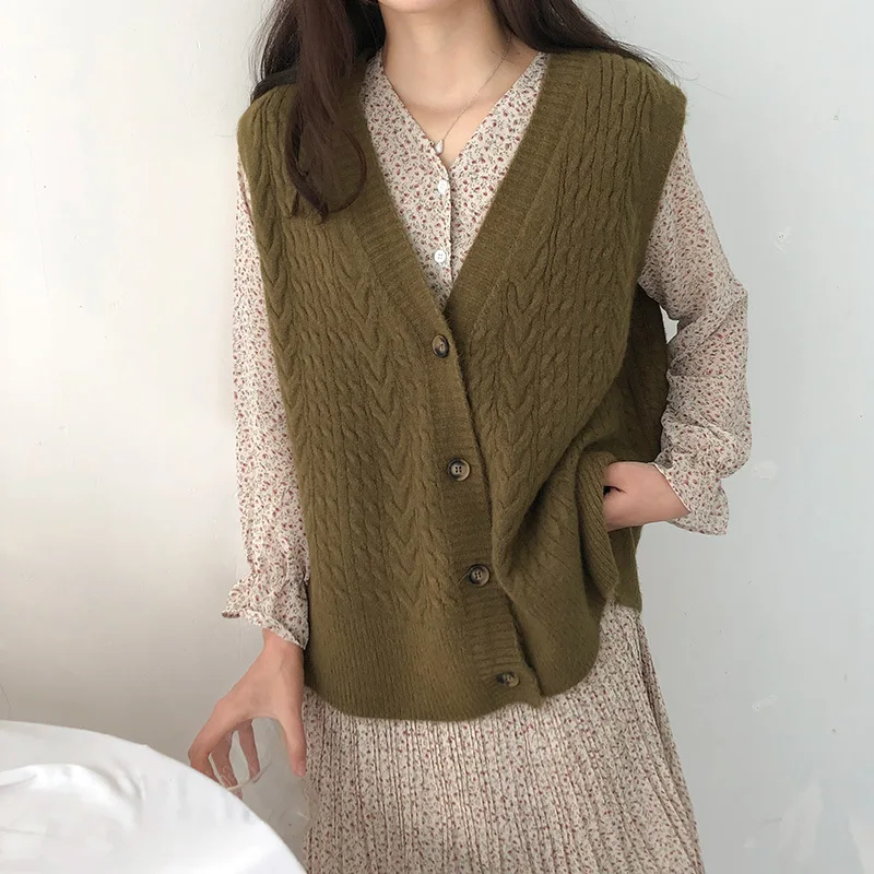 

Sweater Vests Women Solid Single Breasted Sleeveless Womens Office Female Fashion Loose Casual Korean Soft Daily