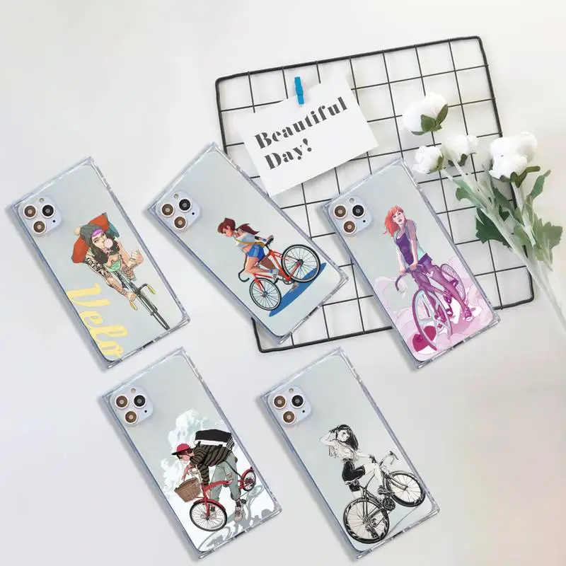 

Cartoon cycling girl Phone Case For iPhone 7 8 11 12 X XS XR MINI Pro Max Plus Clear Square Transparent