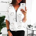 Блузка женская шифоновая на молнии спереди, пикантная рубашка с V-образным вырезом, свободная туника с цветочным принтом, офисный топ с коротким рукавом, на лето