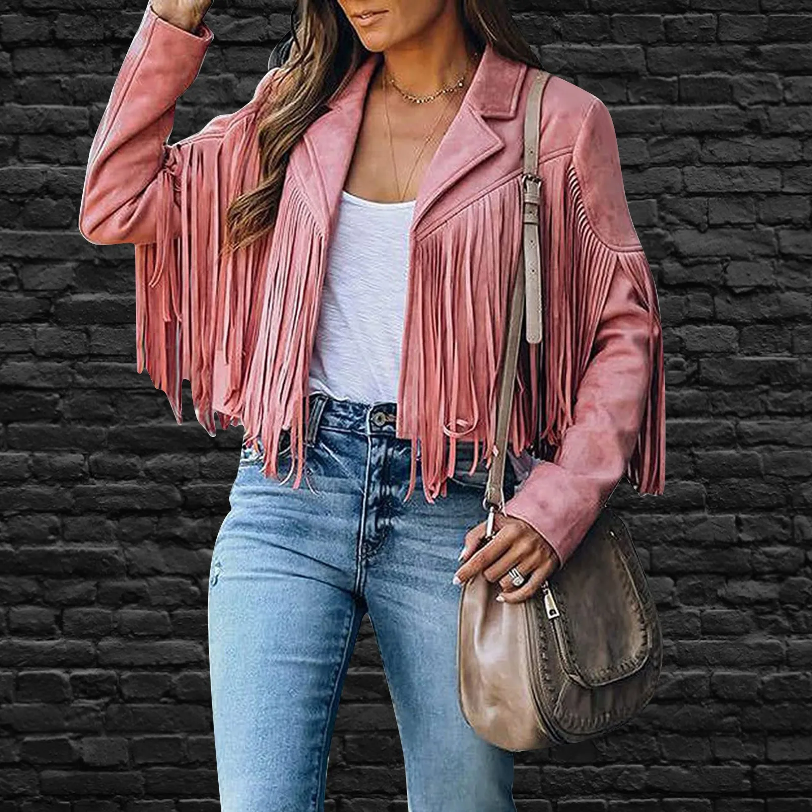 

Faux Leather Jacket Women's Motorcycle Lapel Handsome Jacket Fall 2021 Ladies Solid Fringed Short Coat Women pink Coats Jackets