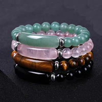 natural stone elastic bracelet aura healing pink spar green aventurine tigers eye crystal rectangular long bracelet for women