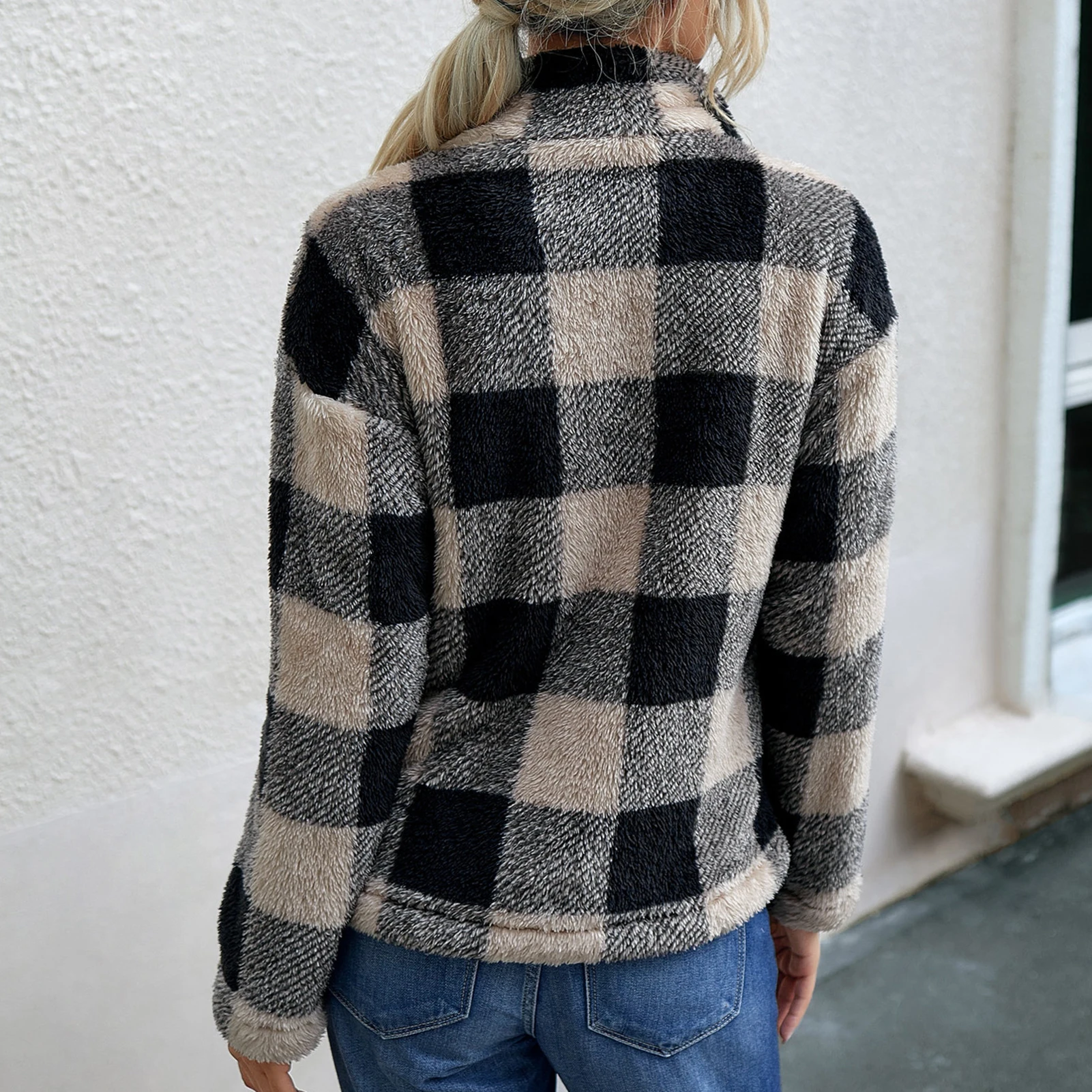 

Women Turn Down Collar Long Sleeve Plaid Coat Pockets Buttons Warm Fluffy Jacket Trendy women's clothing