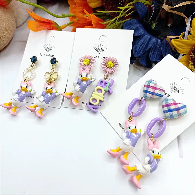 new arrival 2021 fashion daisy duck cartoon plastic earrings accessories disney asymmetric ear pendants purple gentle 925 silver free global shipping