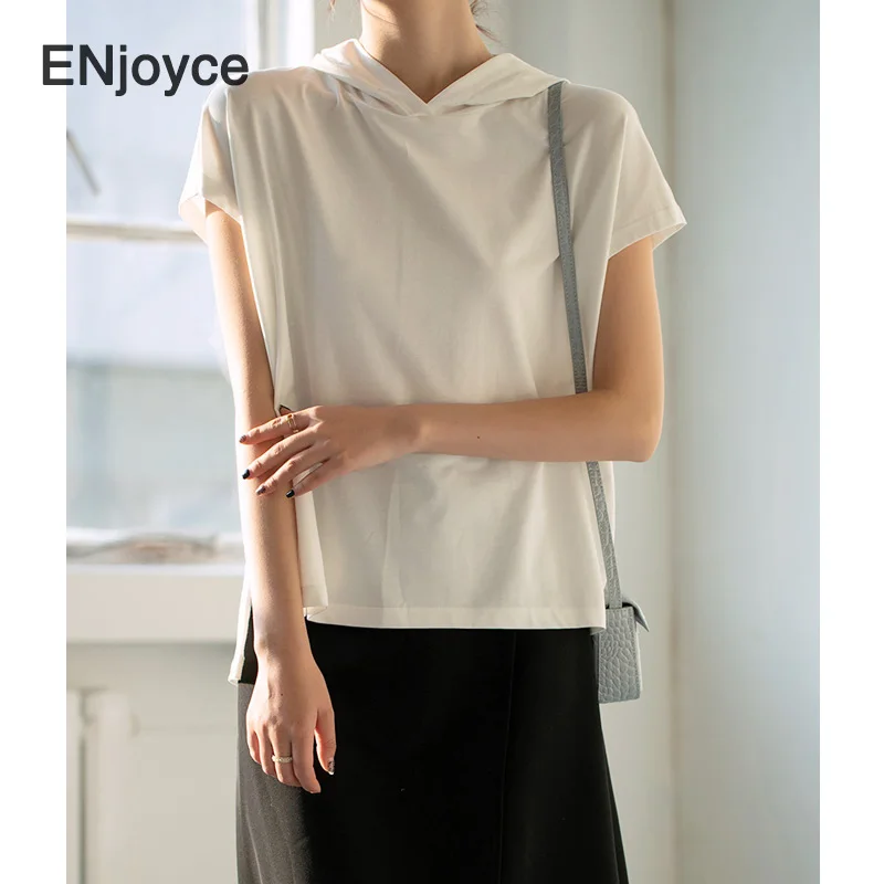 

Women Basic Short Sleeve Hoodie T-Shirt Casual Pullover Loose Cotton Split Tee Fashion White Thin Soft tshirt Summer 2021