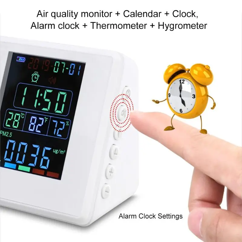 

Air Quality Tester Formaldehyd PM2.5 CO2 TVOC CO2 AQI Monitor Detector Gas Analyzer Thermometer Hygrometer Alarm Clock