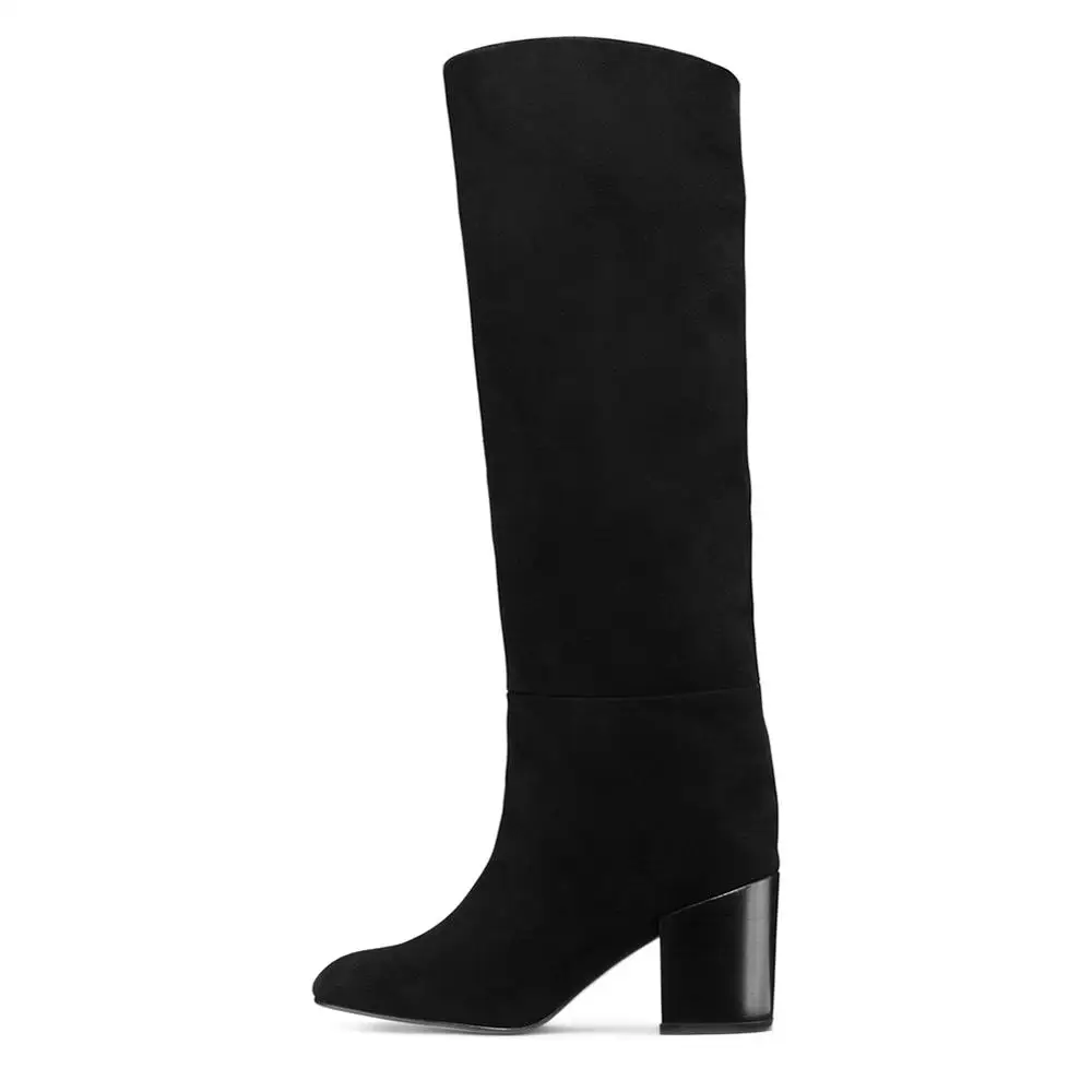 Black Faux Suede Кожаные высокие сапоги без шнуровки на среднем каблуке женские сапоги до колена с круглым носком на квадратном каблуке; женская зимняя обувь г. Botas Pretas - Цвет: Black Faux Suede
