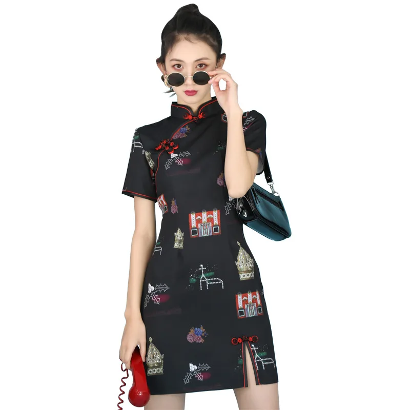 

Summer Cheongsam Young Girl Modern Chinese Style Slim Fit Modified Version Fashion Black Dress Short