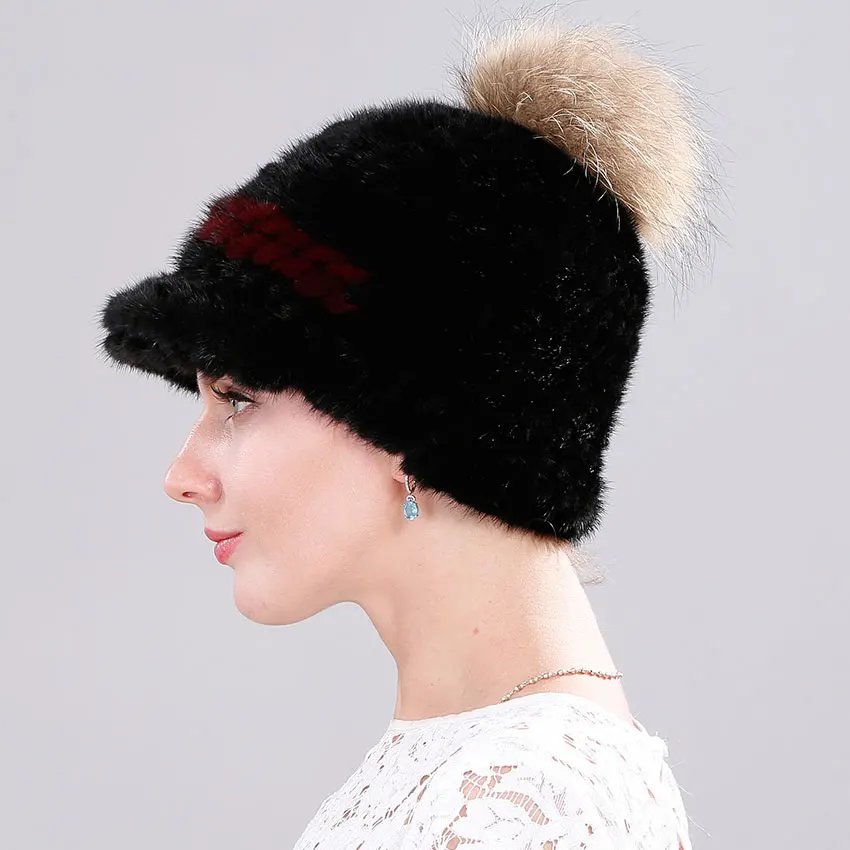 ICYMI Mink Fur Baseball Cap for Women Fashionable Knitted Hat with Raccoon Pompom Top Patchwork Winter Girl | Аксессуары для