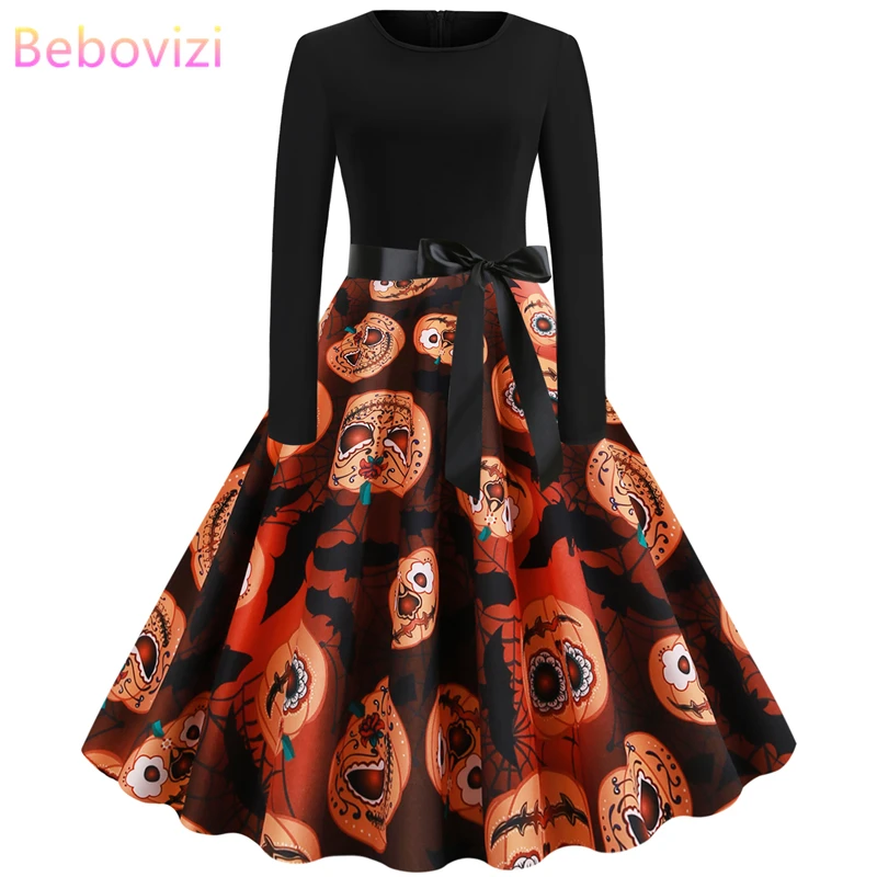 Nieuwe 2019 Herfst Vrouwen Хэллоуин Jurken плюс размер Lange Mouwen череп печати вечерние Vestidos