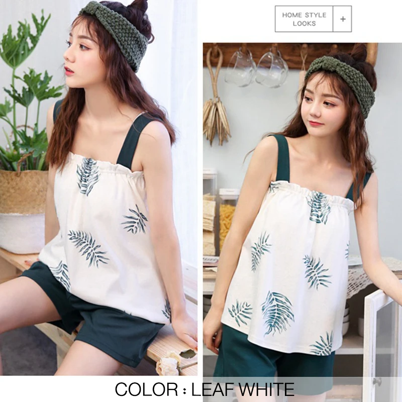 

Women Pajamas Sets Built-in Bra Padded Cotton Pyjamas Sleepwear Nightwear Sleeveless Cute Sexy Casual Korean Summer Homewear