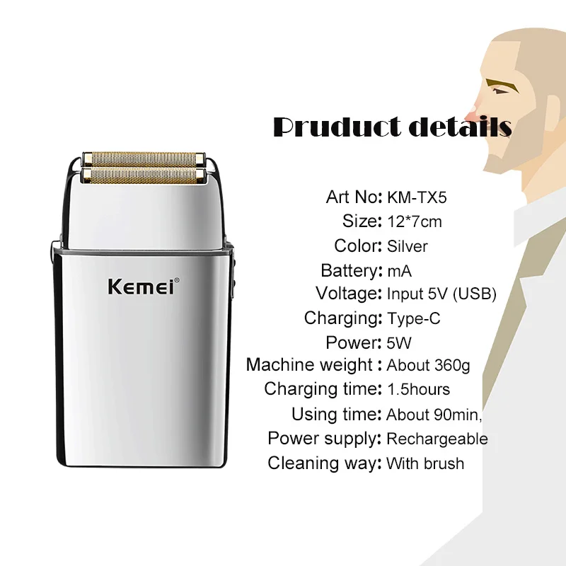 Kemei полностью Металлическая Бритва для бороды с аккумулятором Мужская