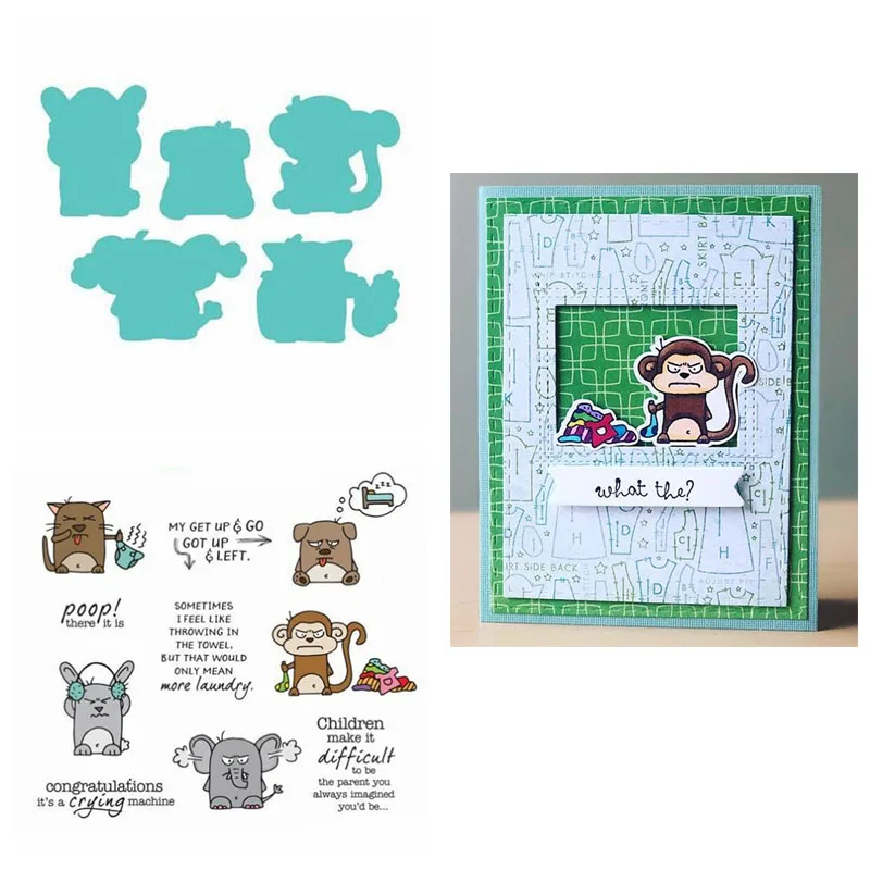 

Набор прозрачных штампов с кошкой и вонючим подгузником, собакой, кроликом и координационными штампами для скрапбукинга, бумажных изделий ...