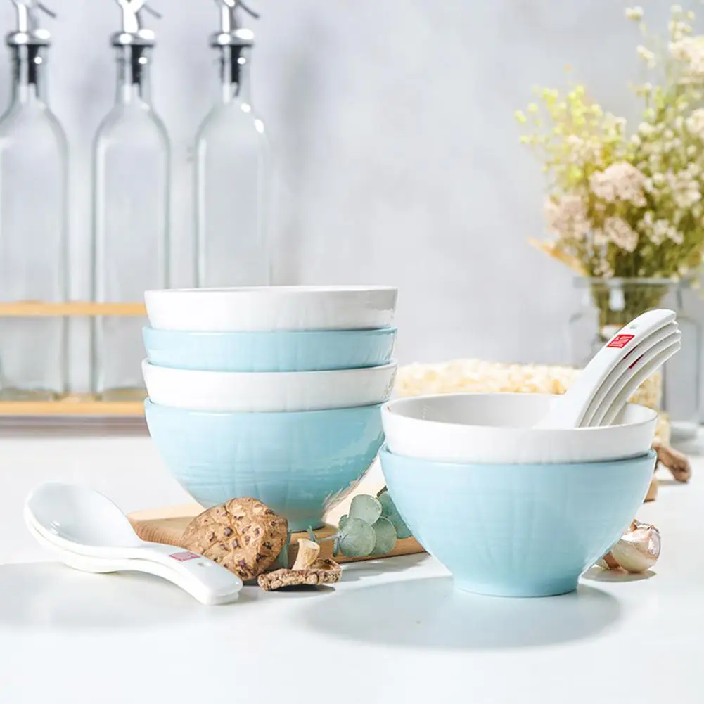 12 шт./компл. белая чаша + синяя Ложка столовая посуда тарелка рисовая салатная