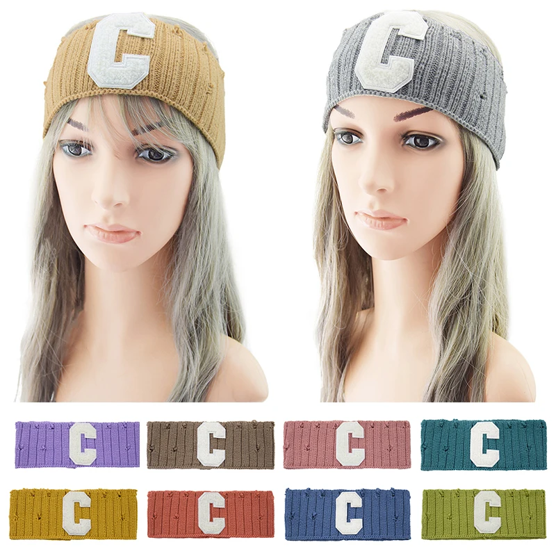 

Fashion C Letter Knitting Headband Broken Hole Wide Turban Headwrap Ear Protection Knitted Hairband Soft Warm Hair Bands