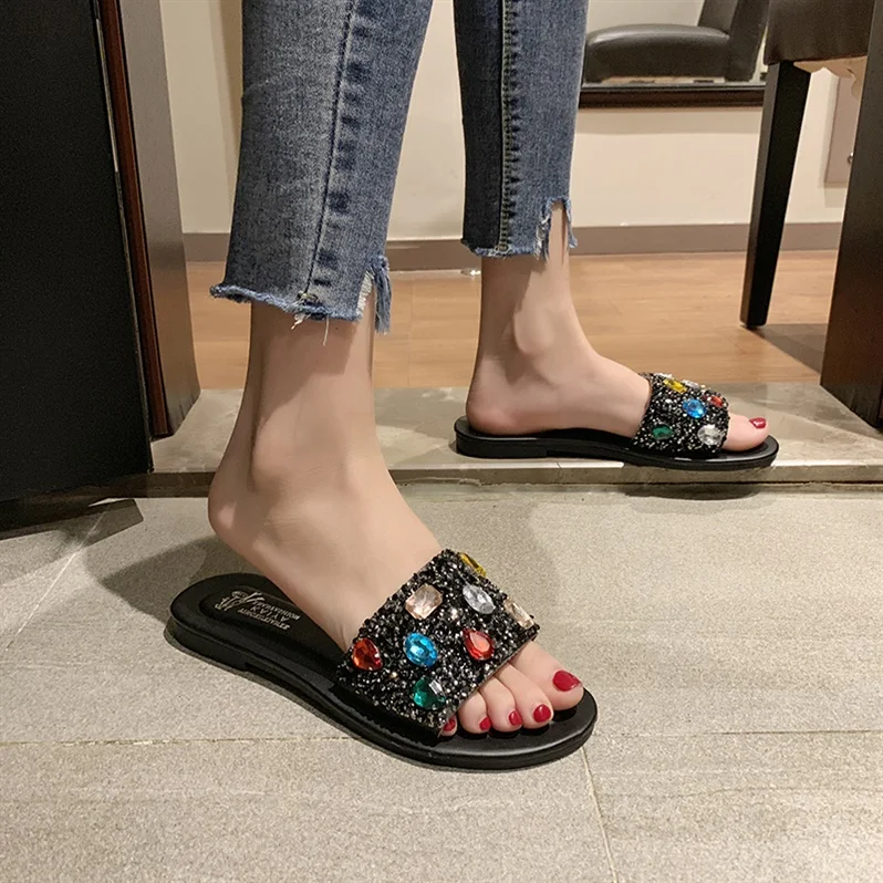 New summer women's slippers 2020 color matching fashion rhinestone wear casual flat bottom comfortable wild word | Обувь