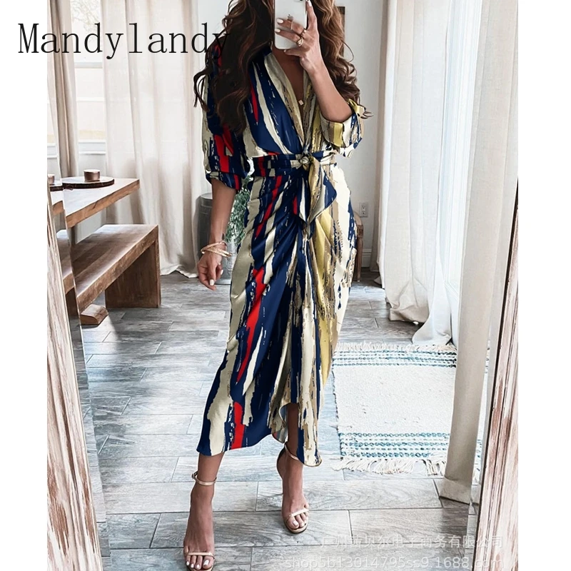 

Mandylandy Shirt Dress Summer Long Sleeve V-neck Single Breasted Split Irregular Dress Women Casual Solid Printing Lace-up Dress