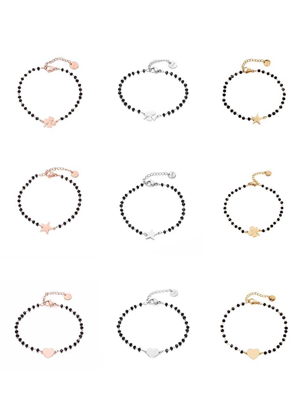 

Stainless Steel Black Crystal Beads Chain Bracelet Rose Gold Star Heart Four Clover Charms Bracelets For Women 2021 Steel Jewelr