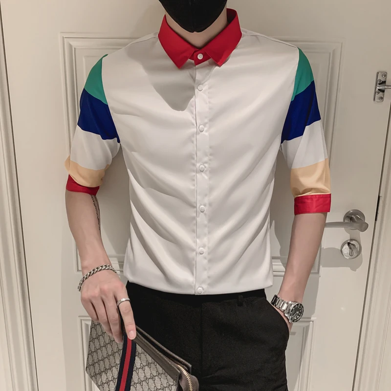

Loldeal 3/4 Sleeve Men Shirt Fashion Slim Polyester Fiber Color Matching British Style