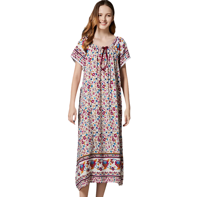 

Spring Floral Nightgowns Women Viscose Short Sleeve Nightdress Sleepshirt Breathable Summer Home Dress Gown Sleepdress Homewear
