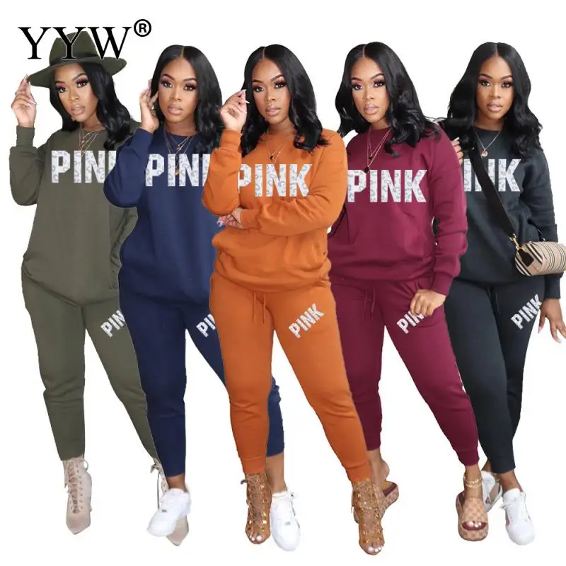 

Women PINK Print Sporty Jackets + Leggings Matching Sets Workout Outfits Women Winter Casual Fleece Warm Tracksuit Two Piece Set