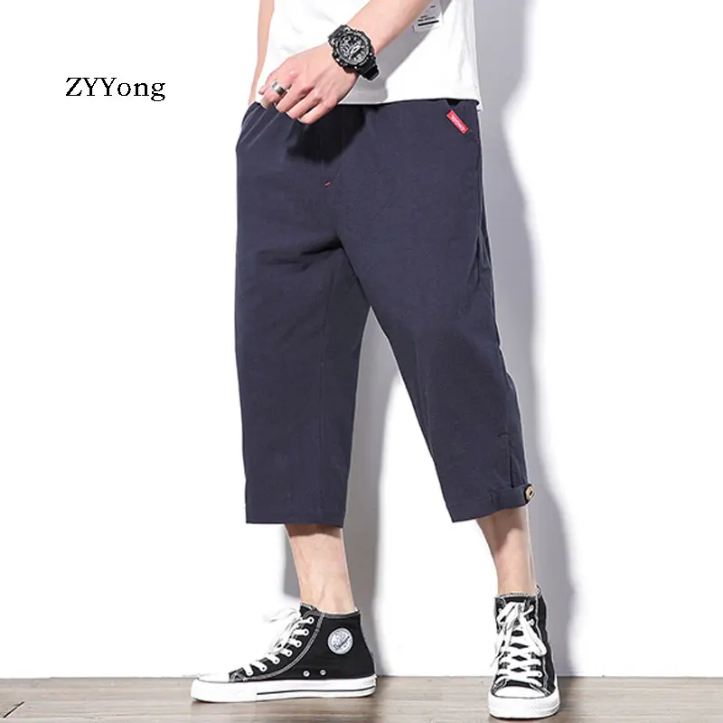 Новинка лета 2020 свободные мужские однотонные Удобные укороченные брюки большого