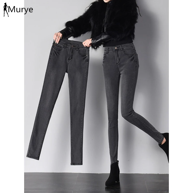 

Winter Jeans Women Pants Capris High Waist Boyfriend Skinny Slim Stretch Warm Grey Jean Black Mom Trousers Fashion Women Clothes