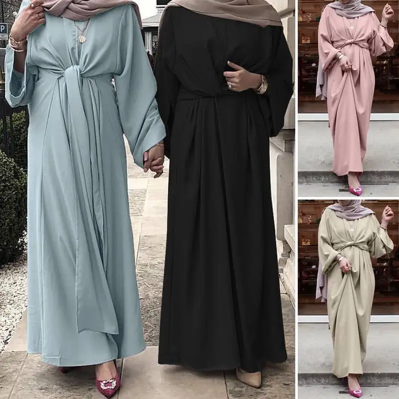 

Muslim Dresses Long Sleeve Lace-up Waist Turkey Women Robe Fashion Dress Islam Clothing Maxi Sundress For Women Vestidos
