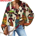 Женская принт Трайбл в африканском стиле, черная Повседневная рубашка с длинным рукавом и V-образным вырезом, размера плюс, шифоновая блузка в стиле бохо