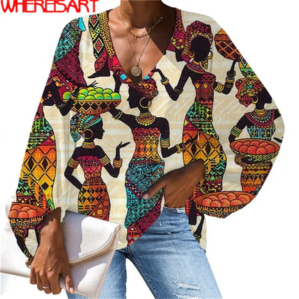 WHEREISART черные африканские женские принт Трайбл блузки с длинным рукавом