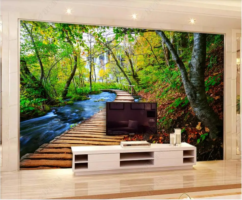 

custom mural 3d photo wallpaper Forest scenery with flowing water wooden bridge bedroom Wallpaper for walls in rolls home decor