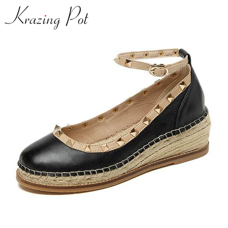 

Vichelo Hot 2021 cow leather round toe women straw decoration metal rivets ankle straps flat platform loafers casual shoes L13