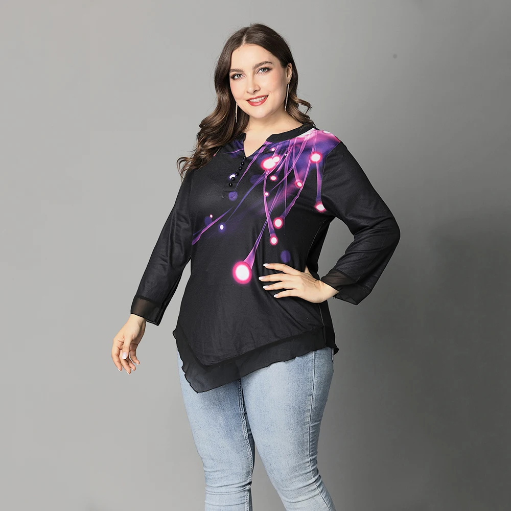 

Summer Plus Size XL-5XL Pullover Women Casual V-Neck Long Sleeve Partten Black Tops Ladies Loose Geometric Clothes P30