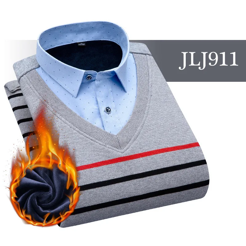 JLJ911 Мужская одежда, рубашки с вышивкой, в полоску, макет, из двух частей, платье, рубашка, имитация двойки, длинный рукав, толстый бархат, свитер, рубашки - Цвет: JLJ911