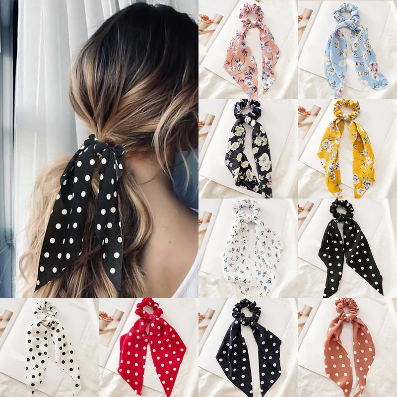 

Women Dot Floral Print Hair Ties Scrunchies Scarf Elastic Hair Bands Hairband Bow Hair Rubber Ropes Scrunchy Girls Hair Ties
