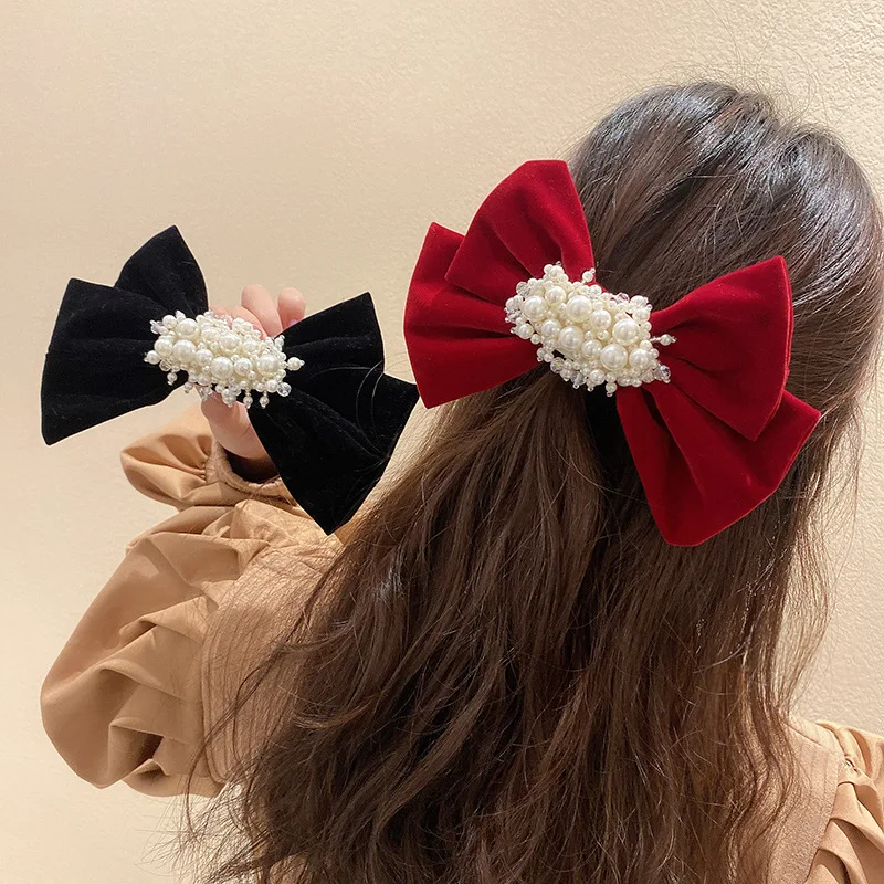 

Korea Bow Pearls Hairpins for Women Chic Red Black Hair Clips Ribbon Sweet Barrettes wedding Ponytail Clips Hair Accessories