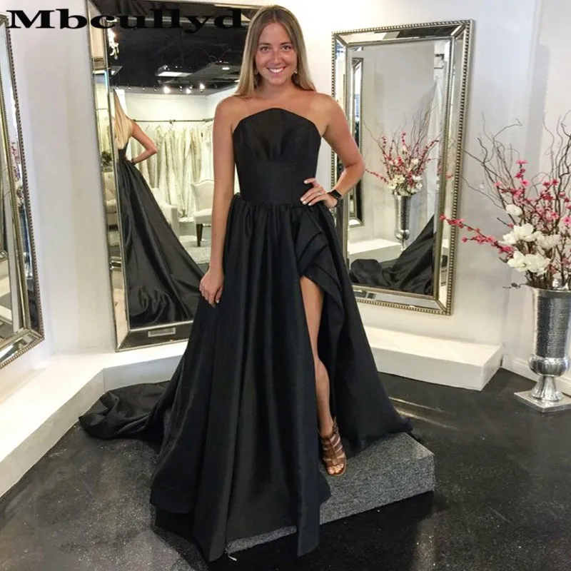 

Mbcullyd Black Satin Long Evening Dresses 2019 Strapless Prom Party Gowns Sexy Split Vestidos de fiesta de noche Plus Size