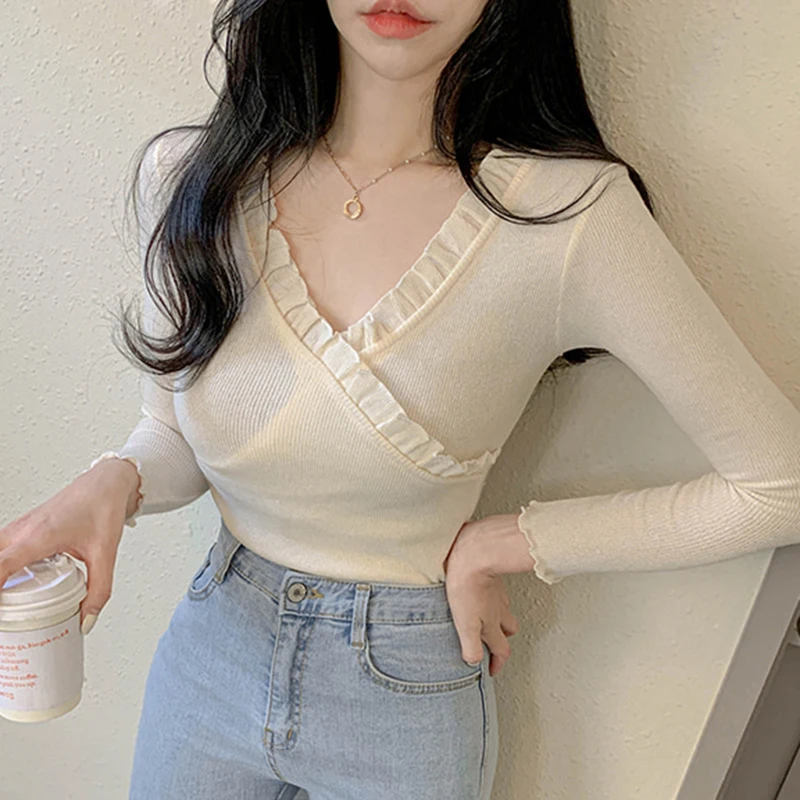 

Женская футболка с V-образным вырезом, универсальная Модная Тонкая футболка с длинными рукавами, осень 2020