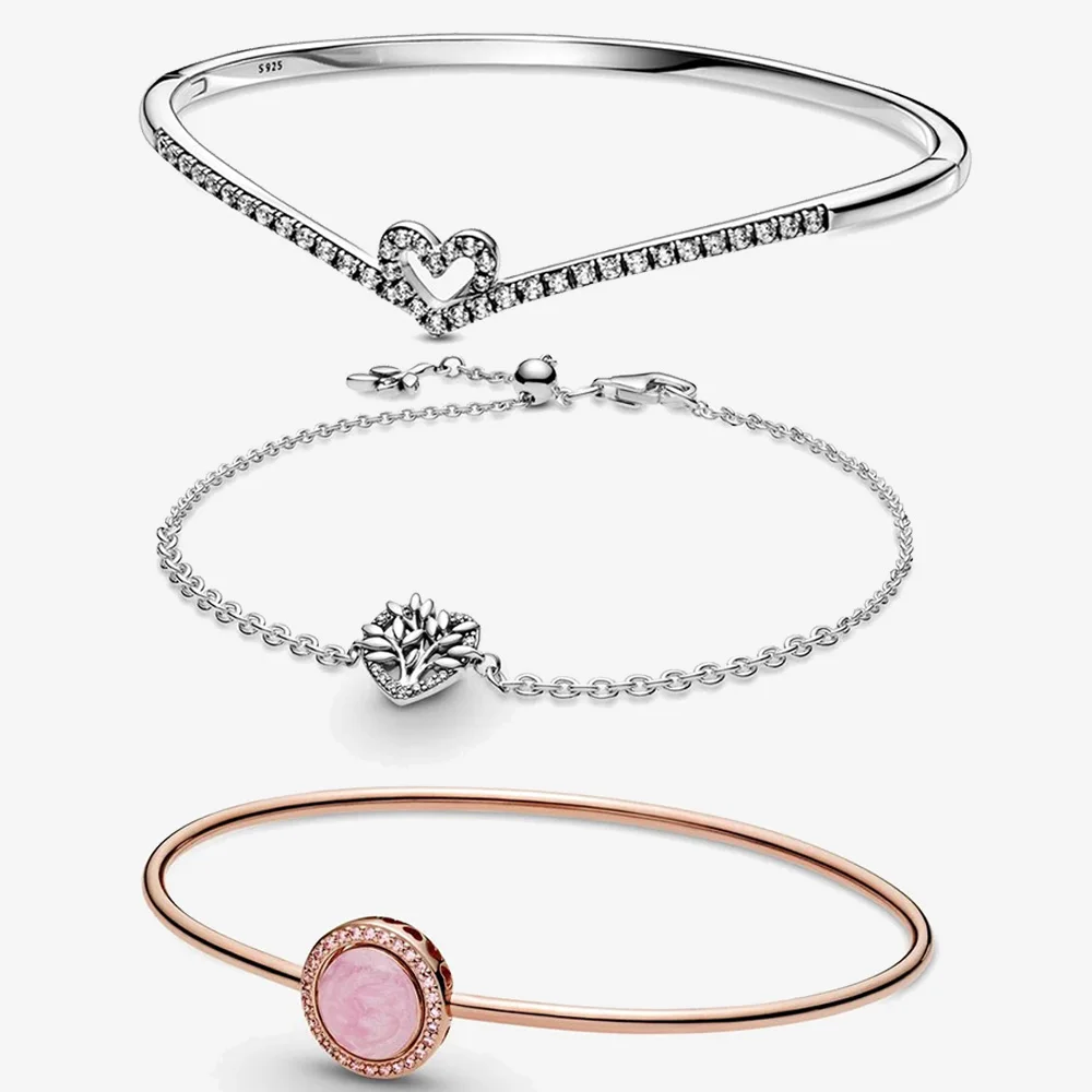 

925 Solid Silver Pink Swirl Wishbone Heart Bangle Blue Disc Clasp Snake Chain Heart Family Tree Chain Bracelet Women Jewelry