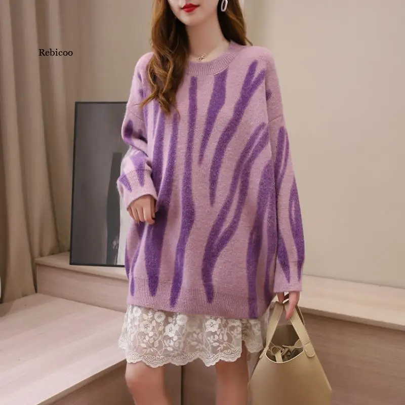 

Print Knitted Sweater Women Elegant Green Striped Oversized Pullovers Women Winter Loose Long Sweaters Streetwear
