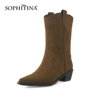 sophitina western cowboy boots women classic comfort premium leather boots thick heels pointed toe casual women shoes yo386