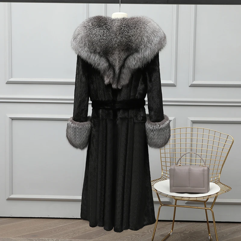 

Mink Skin Coat Women's Whole Mink Mid-Length Fur Coat Pure Mink Winter Fashion Fox Fur Collar