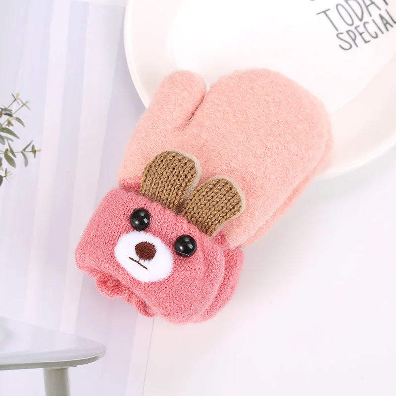 light pink Детские перчатки, зимние вязаные шерстяные вязаные перчатки с милым медведем из мультфильма, толстые теплые детские перчатки для мальчиков и девочек 0-3 лет, GAG07 - Цвет: light pink